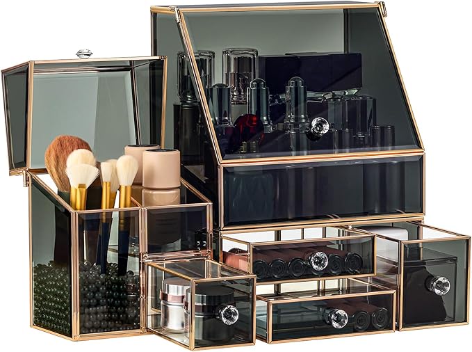 Glass Makeup Organizer for Vanity, High-End Cosmetic Storage Box for Skincare, Perfume, Brushes & Lipsticks, Elegant Countertop Organizer for Bathroom or Dresser- Christmas Gifts For Women