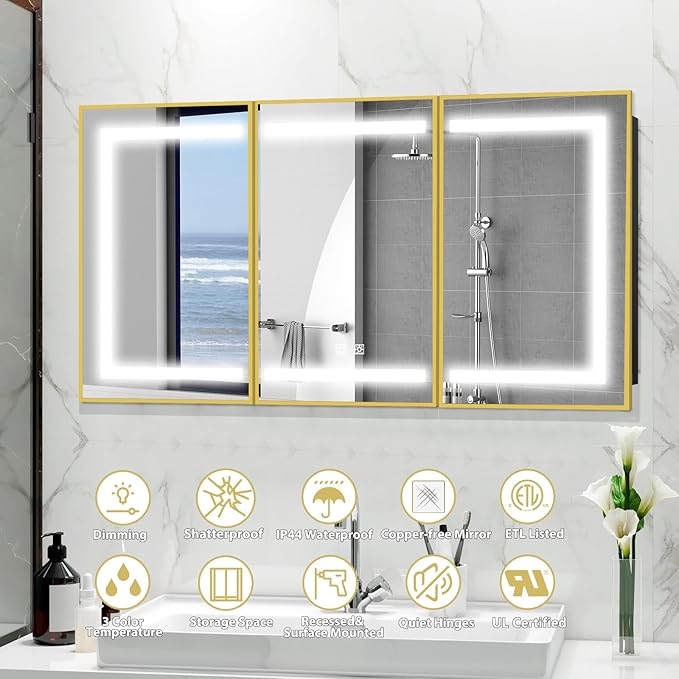 ROOMTEC Lighted Medicine Cabinet with Mirror, Bathroom Mirror Cabinet with Lights and Storage, 3 Doors Bathroom Wall Cabinet with LED Lights,Gold, 48"x32"