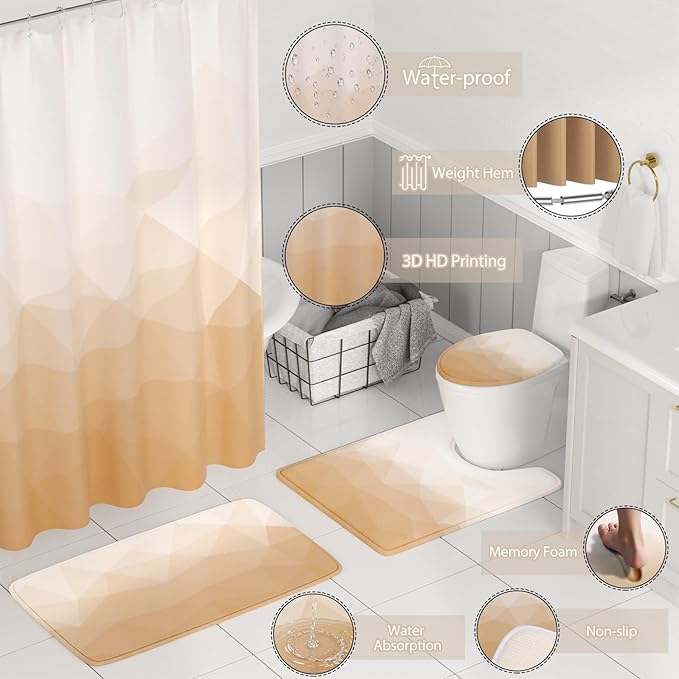 XLHOMO Bathroom Accessory Set - 26PC Bathroom Shower Curtain and Rug Set, Bathroom Accessories Set, Beige Bathroom Set with Trash Can, Toilet Brush, Qtip Holder & Soap Dispenser