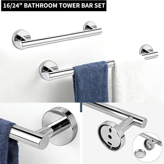 10 Piece Brushed Chrome Bathroom Hardware Set, Towel bar Set Include 24 inch Silver Towel bar, Bathroom Towel Rack, Towel Ring, Toilet Paper Holder, Towel Hook, Bathroom Accessories Set