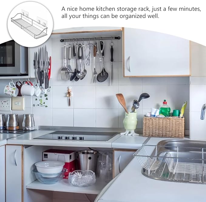 Holibanna Wall Mounted Storage Rack Double Layer Stainless Steel Punch-Free Hanging Shelf for Bathroom and Kitchen Organization Traceless Storage Solution
