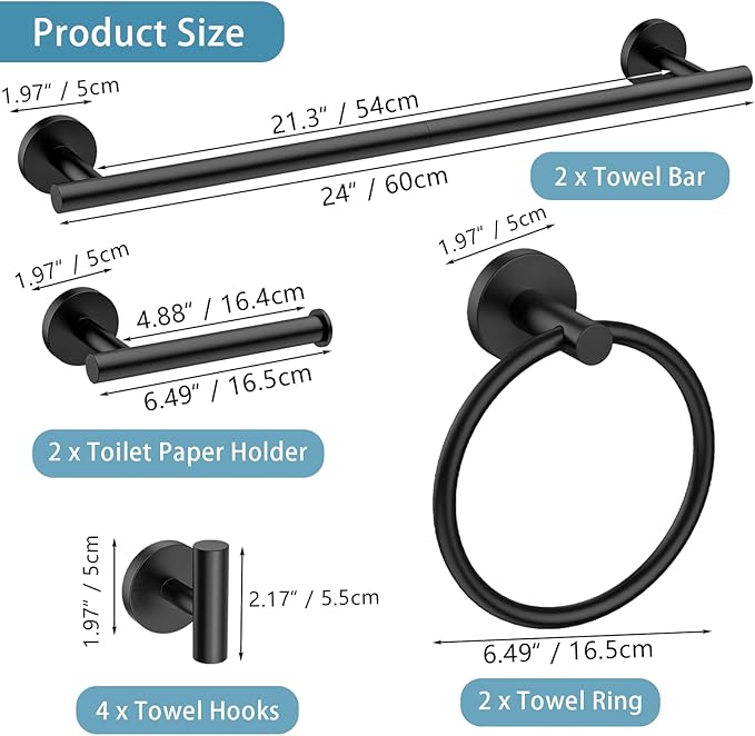Newfun 10-Pieces Bathroom Hardware Set, Includes 24 Inch Towel Racks for Bathroom Wall Mounted, Toilet Paper Holder, Towel Hooks for Bathrooms, Towel Rings for Bathroom Wall (Matte Black)