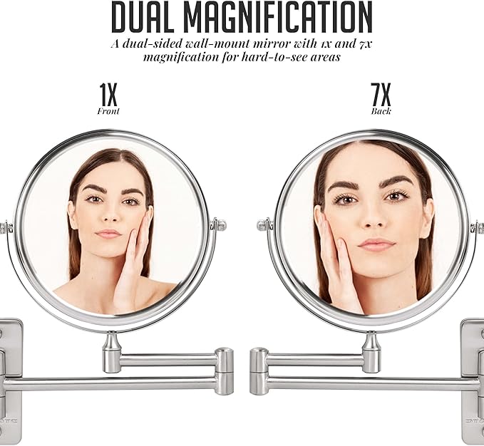 OVENTE 7" Wall Mounted Makeup Mirror with 1X/7X Magnification, Double Sided Magnifying Round Bathroom Vanity Mirror, 360° Swivel Design, Extendable and Folding Arm, Antique Bronze MNLFW70ABZ1X7X