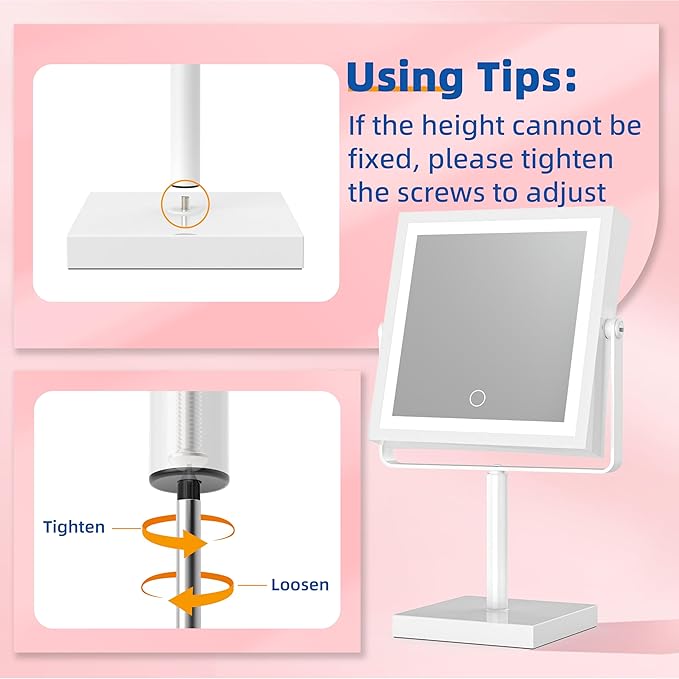 Ruacq Makeup Mirror with Lights, 4000mAh Rechargeable Magnifying Mirror with Light, 1X/10X, Height Adjustable Bathroom Vanity Mirror, 3 Colors, Adjustable Brightness (White)