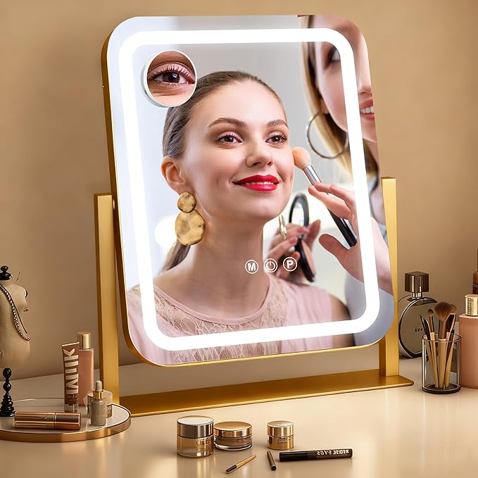 Ratsamee Gold Vanity Mirror with Lights 15"×13", Led Makeup Mirror, Lighted Makeup Mirror with 3 Color Dimmable Lights, Smart Touch Screen Control, 360°Rotation