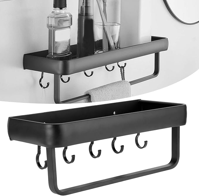 30cm Bathroom Shelf, Wall Mounted Storage Rack, Aluminum Material, with Heightened Fence Design, Ideal for Home Bathrooms (Single Layer with Rod with 5 Hooks)