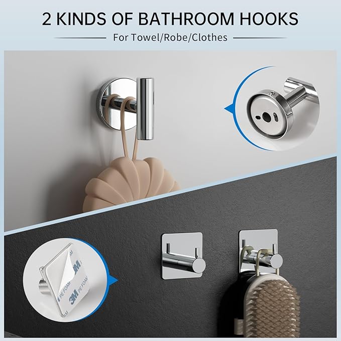 Chromed Bathroom Hardware Set, 5 Pieces Bathroom Accessories Set,SUS304 Stainless Steel 16 Inch Bath Towel Bar Set Wall Mounted,Robe Towel Hooks, Toilet Paper Holder,Towel Racks for Bathroom SP-60008