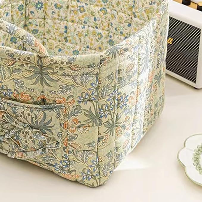 Quilted Fabric Storage Basket Boho Floral Laundry Hamper with Handle Foldable Floral Basket Organizer for Car Bedroom