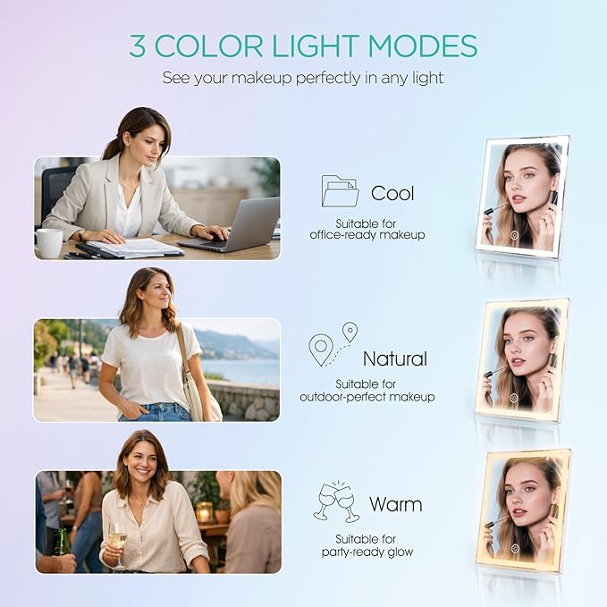 VOYOR Vanity Mirror with Lights, 11.8"x9.8" LED Makeup Mirror, 3 Light Modes, 10X Magnification, Smart Touch Control, Rechargeable Lighted Makeup Mirror for Bedroom Bathroom Dressing Room