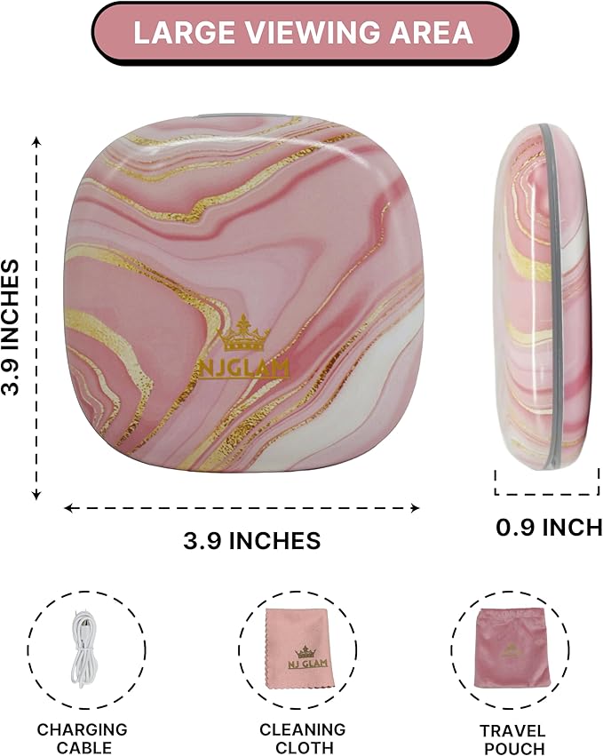 Lighted Makeup Compact Mirror, 3.9 Inch – 1x/10x Magnification Portable, LED – Auto Light On/Off - USB Charging, (Blush Marble)