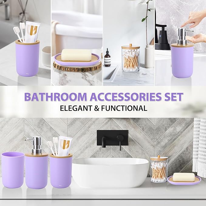 iMucci Bathroom Accessories Set 5Piece Light Purple Bathroom Sets, Toothbrush Holder, Toothbrush Cup, Lotion Soap Dispenser, Soap Dish and Qtip Holder Bathroom Decor