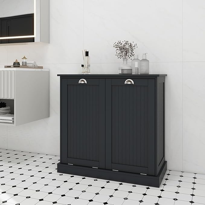 Locsear Tilt Out Laundry Hamper Cabinet with Removable Basket, Double Hidden Laundry Hamper Cabinet, Wood Bathroom Storage Cabinet, Free Standing Home Organizer, (Black)
