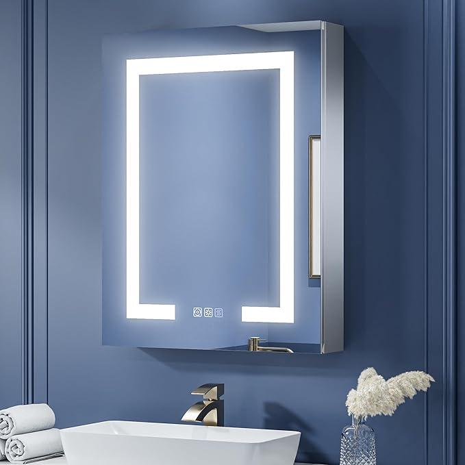 ExBrite LED Lighted Bathroom Medicine Cabinet with Mirror, 24 x 30 Inch, Recessed or Surface Mount, Anti-Fog, Stepless Dimming, Color Temperature Adjustment, 2 Outlets, Storage Shelves, Left Hinge
