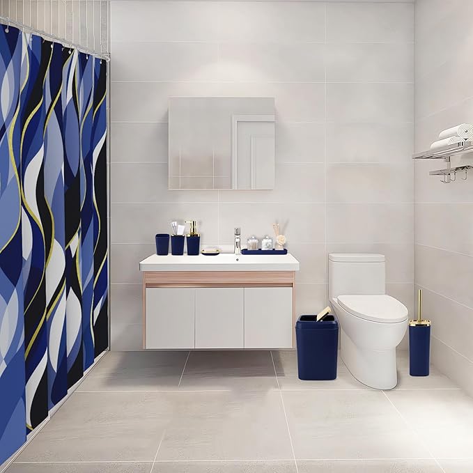 XLHOMO Blue Bathroom Set, Bathroom Sets with Stripe Shower Curtain, Navy Blue and Gold Bathroom Accessories with Trash Can, Soap Dispenser, Soap Dish, Toilet Brush Holder, Qtip Holders for Bathroom