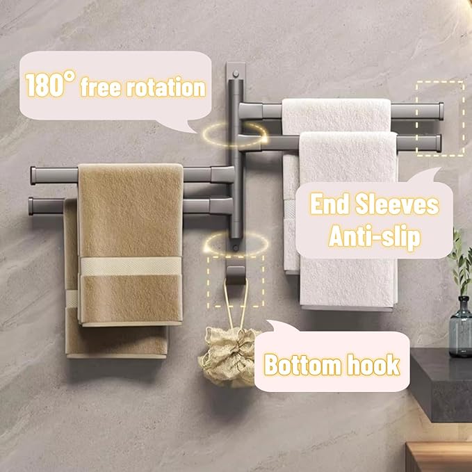 2-5 Arms Swivel Towel Rack Bath Towel Holder with Hook Swing Arm Towel Rack Wall Mount for Bathroom Kitchen-Black 4Arm