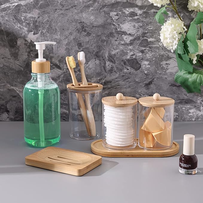 Fixwal Bathroom Soap Dispenser Set, Bamboo Bathroom Accessories Set of 6, Toothbrush Holder, Soap Dispenser, Soap Dish, Tray and 2 Plastic Qtip Medicine Jars with Bamboo Lid