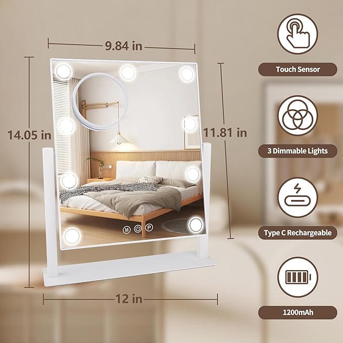 Lighted Makeup Mirror, Hollywood Vanity Mirror with 9 LED Bulbs, 3 Color Lights, and Detachable 10X Magnification Mirror, 1200mAh Rechargeable, Touch Control, 360°Rotation, White 14.05" * 12"