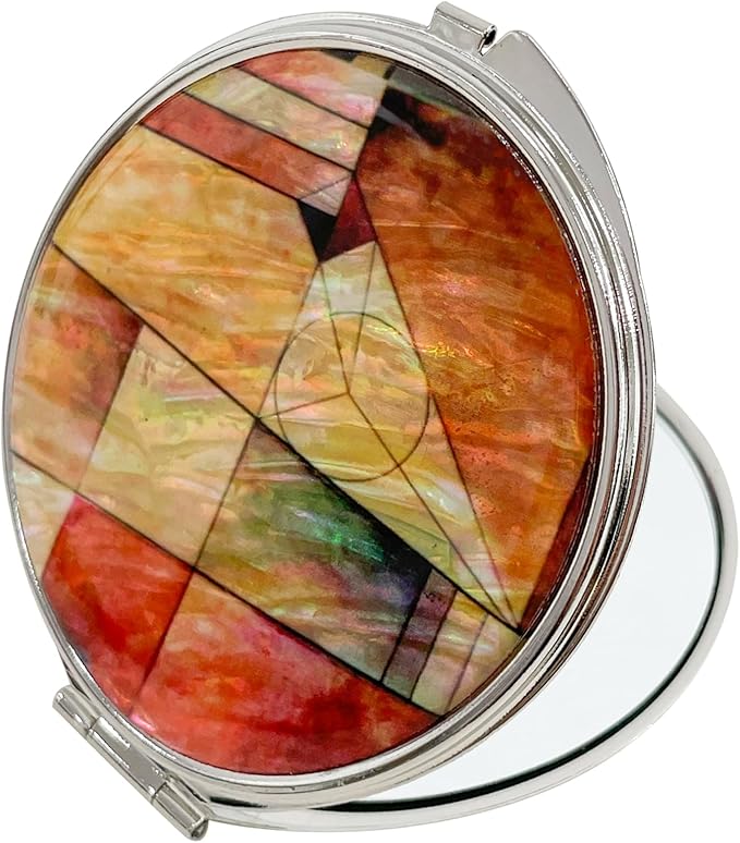 Portable Makeup Compact Double Magnifying Mirror Cosmestic Foldable Pocket Style Unique Mother of Pearl Design (Patchwork)