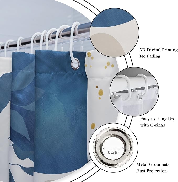 Riyidecor Boho Light Blue 4Pcs Bathroom Shower Curtain Sets Mid Century Minimalist Abstract Modern Bathroom Decor Set with Rugs and Accessories Leaf Toilet Lid Rug, Contour and Bath Mat with 12 Hooks