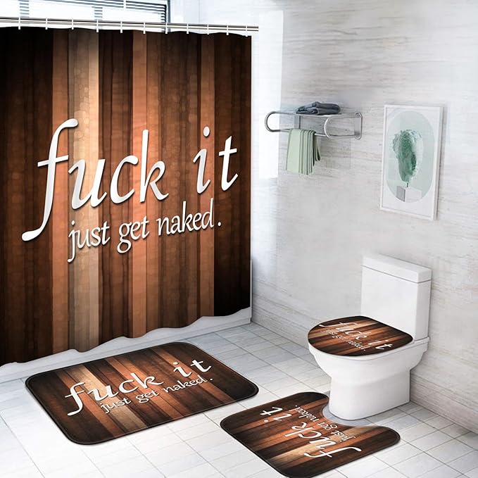 ArtSocket 4PC Funny Get Naked Vintage Abstract Orange Brown Striped Background Shower Curtain Sets Bathroom Decor with Rugs, Non-Slip Rug,Toilet Lid Cover, Bath Mat and 12 Hooks 72x72 inches