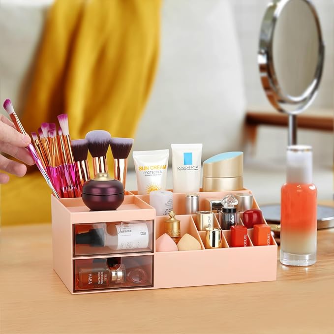 LETURE Desk Organizer, Cosmetic Makeup Vanity Organizer Box, Bathroom Counter Makeup Storage for Eyeshadows, Skin Care, Concealers, Powders, Nail Polish (Pink Color)