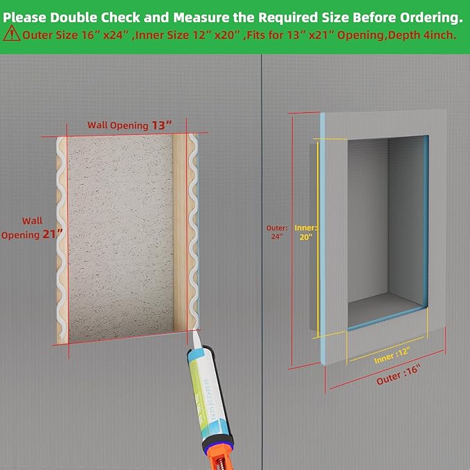 Shower Niche Tile Ready 12"x20",Niche for Shower Wall,Waterproof Ready-to-Tile Niches Recessed Box Shelf for Showers Wall Bathroom Renovation/Soap Storage,Outer Size 16"x24",Depth 4”