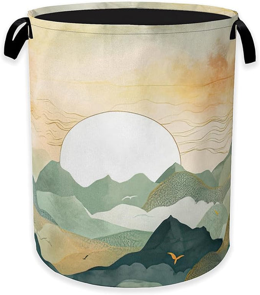 Laundry Hamper,Boho Sunrise Laundry Basket,Watercolor Green Mountain Portable Collapsible Laundry Room Organization Storage for Dorm Room,Nursery,Bathroom,Bedroom,16x20 Inch