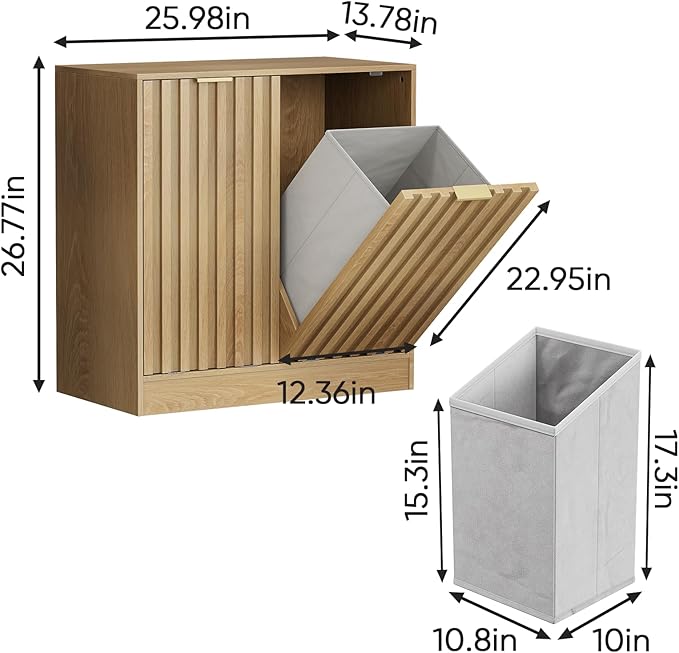 Smuxee Double Tilt Out Laundry Hamper Cabinet, Hidden Laundry Cabinet with Double Baskets, Natural Trash Can with Fluted Doors for Bathroom, Kitchen