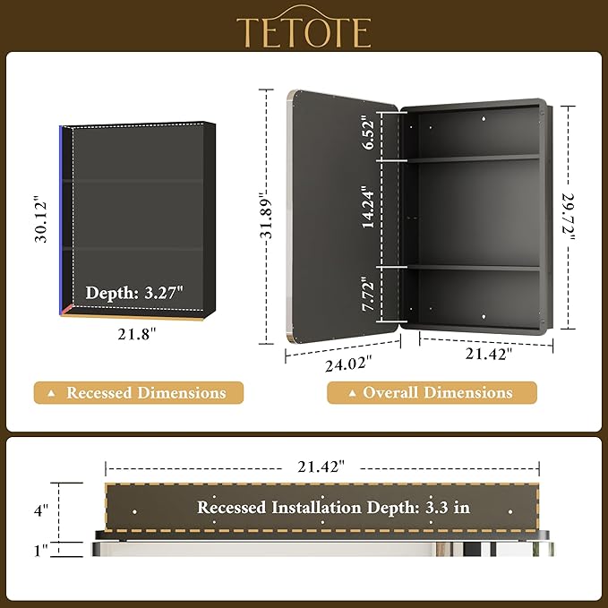 TETOTE 24 X 32 Medicine Cabinet Mirror Polished Chrome Stainless Steel Framed Bathroom Mirror Cabinet with Adjustable Shelves Recessed Mounted/Surface Mounted Medicine Cabinet with Mirror