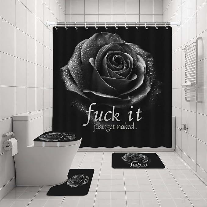 jieprom 4PCS Rose Fuck It Get Naked Shower Curtain Set with Non-Slip Rugs, Toilet Lid Cover and Bath Mat, Black Shower Curtain with 12 Hooks, Waterproof Complete Bathroom Decor Set