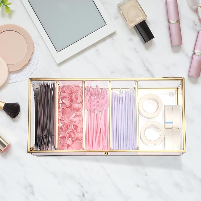 ELLDOO Lash Extension Organizer Box with Lid, Gold Glass Eyelash Supplies Organizer Storage Box, 5 Compartments Bathroom Supplies Storage Container for Cotton Swabs, Balls, Pads, Floss Picks