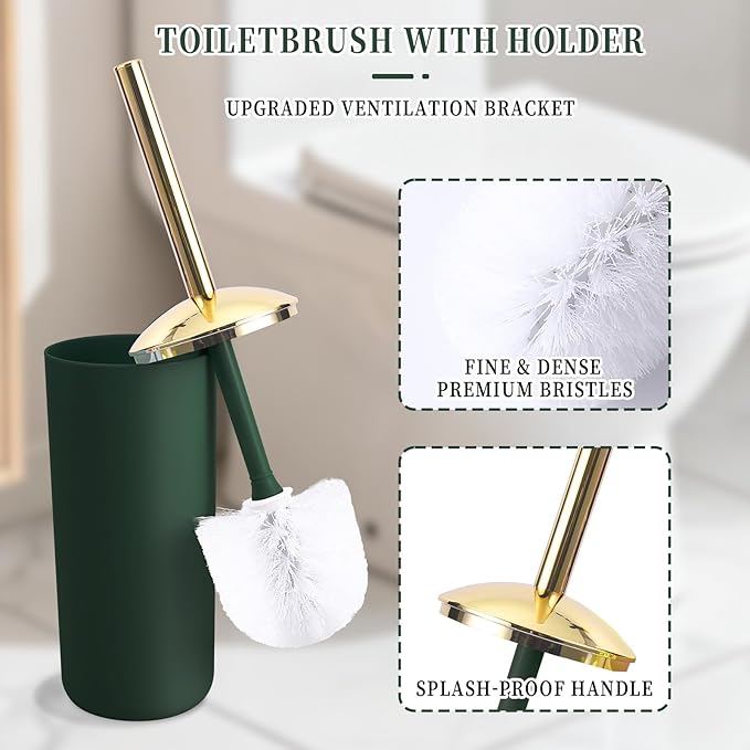 BSSN Green Bathroom Accessories Set, Luxurious 9-Piece Bath Decor Set with Trash Can, Toilet Brush, Gold Pump Soap Dispenser, Multi-Slot Toothbrush Holder, Qtip Jars, Vanity Tray and Tumbler