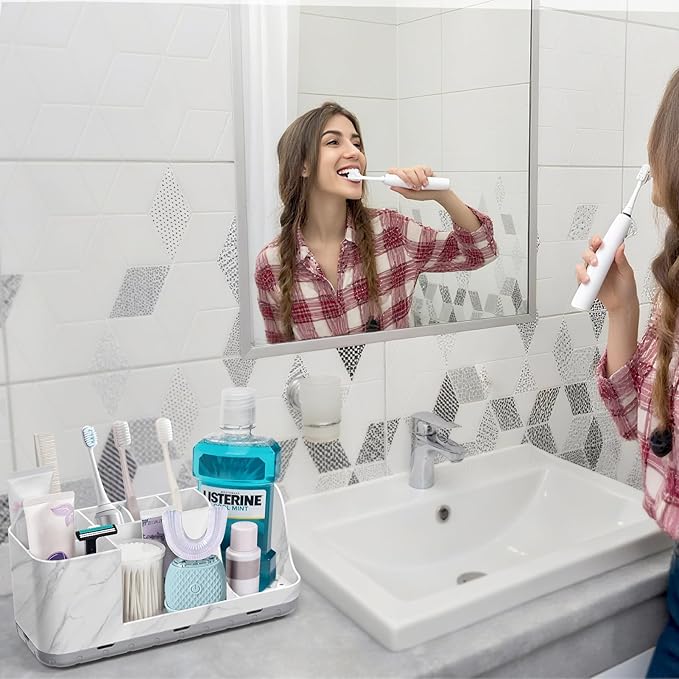 QIYVLOS Bathroom Organizers and Storage, 8 Slots Detachable Toothbrush Holders for Bathrooms, Anti-Slip Bathroom Countertop Organizer with Drainage Hole Vanity Storage (Marble)