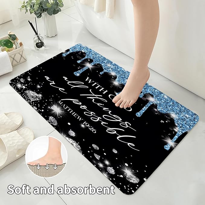 4 Pcs Black Blue Diamonds Shower Curtain Set with Rugs and Toilet Lid Cover, Black White Bible Verse Waterproof Fabric Bathroom Set, Christian Scripture Shower Curtain Bathroom Decor Set Accessories