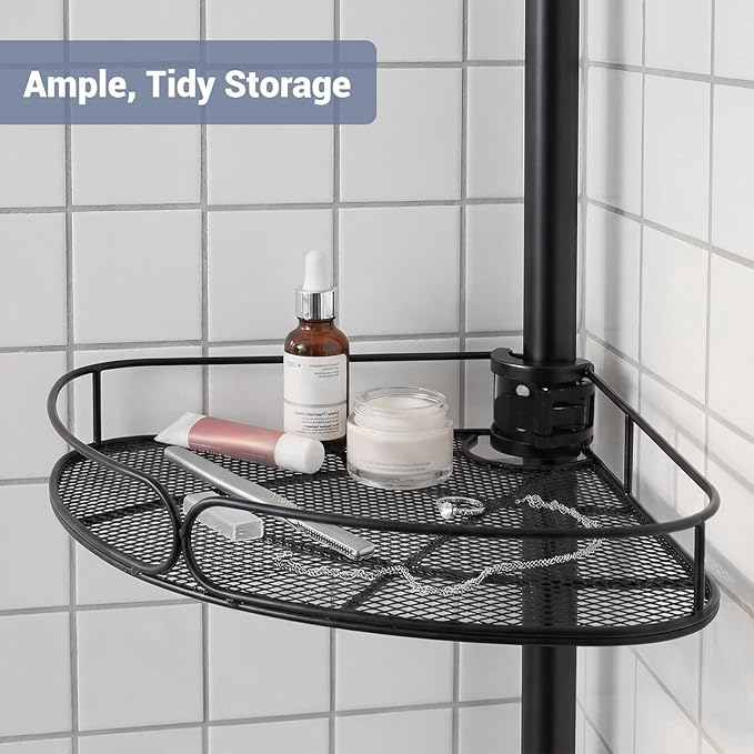 Standing Shower Caddy, 4-Tier Adjustable Height Bathroom Organizer, 6-Section Pole, Sturdy Floor Standing Shelf for Shower or Bathtub – No Drilling, No Spring Tension