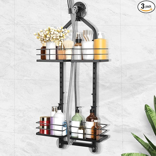 Shower Caddy Hanging for Handheld Showerheads Adjustable Height Extra Long Bathroom Storage Organizer Hanger Rack Rustproof Hose Shower Organizer 4 Levels Height Shower Rack（black