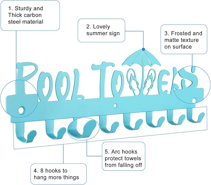 IBosins Pool Towel Rack with 8 Hooks, Towel Holder Wall Mounted for Outdoor or Bathroom, Towel Hanger for Hanging Bathrobes, Towels, Clothes - Perfect Pool Area Outside Sign and Decor (Blue)