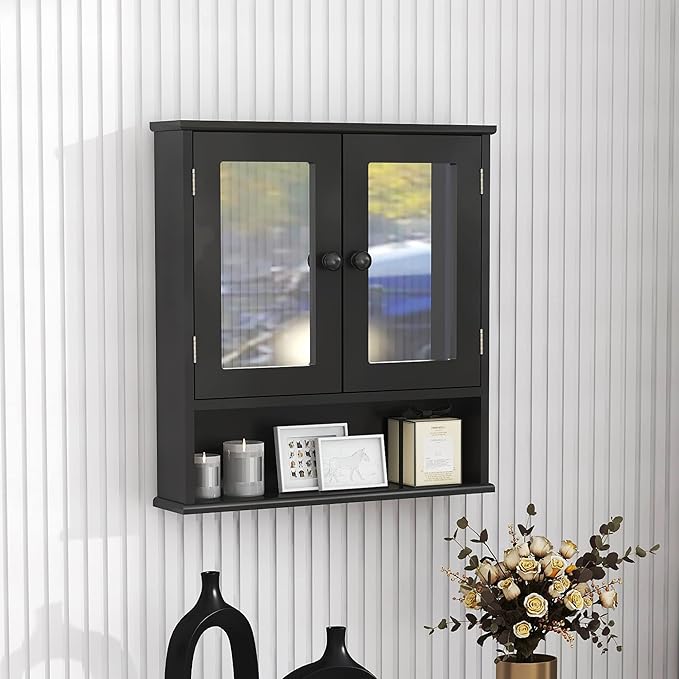 TaoHFE Black Medicine Cabinet, 2 Doors 3 Open Shelf, Wall Mounted Wooden Storage Cabinet Over Toilet