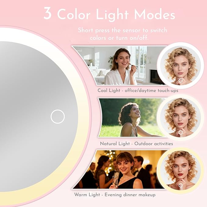 Makeup Mirror with Lights, 4-in-1 Rechargeable Magnetic 360° Rotation Pink Vanity Mirror, 3 Colors & Brightness Adjustable, Detachable, Lighted Makeup Mirror for Desk, Travel