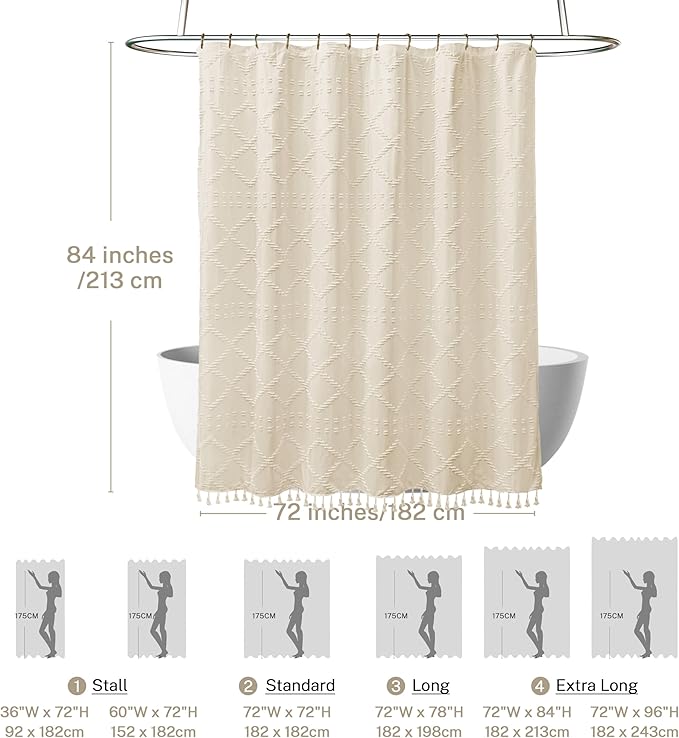 Extra Long Boho Farmhouse Shower Curtain - Woven Fabric Cream/Beige 84 Inch, 72 x 84 Tufted Chevron Textured Striped Modern Minimalist Cloth for Bathroom