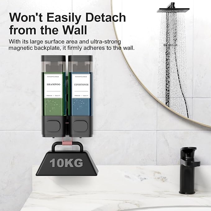 Shampoo and Conditioner Dispenser – Wall-Mounted Shower Soap Dispenser, No-Drill Installation, Lockable, 900 ml Capacity,for Bathroom & Hotel or Airbnb (Black, 2-Pack)