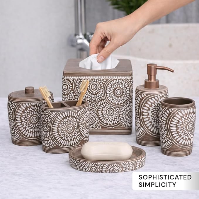 Decozen Bathroom Accessories 6Pcs Set, Soap Dispenser, Toothbrush Holders, Tumbler, Soap Dish & Cotton Swab Jar – Modern Bathroom Decor, Modern Farmhouse Decor, Countertop Accessories, Ciccone