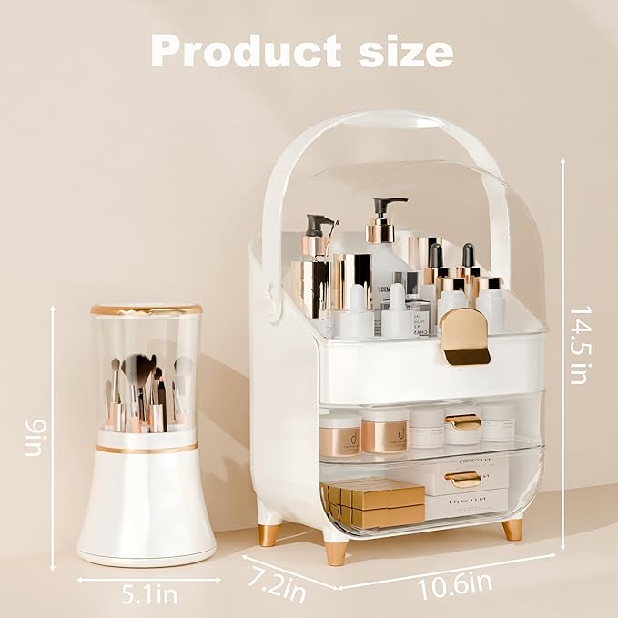 Makeup Organizer Countertop With Lid And Drawers Large Skin Care Cosmetic Display Case Holder for Vanity Desk Bathroom Storage Box Gift for Women Teens Girls,White With Brush Holder