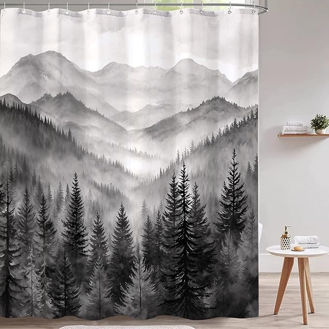 Accnicc Forest Mountain Shower Curtain Black and White Nature Misty Pine Tree Shower Curtains for Bathroom Dark Grey Foggy Rustic Woodland Decorative Waterproof Fabric Bath Curtain Decor 72×84 Inches