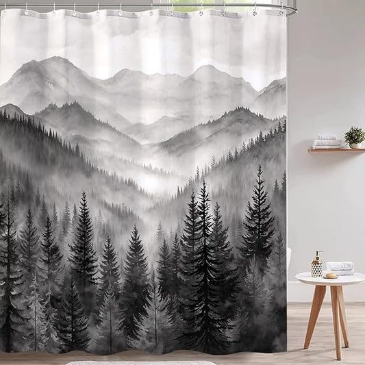 Accnicc Forest Mountain Shower Curtain Black and White Nature Misty Pine Tree Shower Curtains for Bathroom Dark Grey Foggy Rustic Woodland Decorative Waterproof Fabric Bath Curtain Decor 72×84 Inches