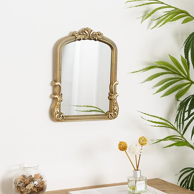Vintage Vanity Makeup Mirror Gold Desk Small Mirror Antique Arched Gold Table Traditional Resin Mirror with Stand for Tabletop Living Room Bedroom Countertop Dresser 9.6x12.3