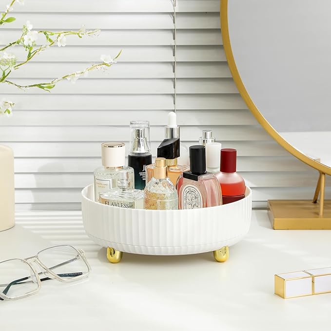 Anyoifax Makeup Perfume Organizer Tray 360 Degree Rotating Lazy Susan Skincare Lotion Organizer Spinning Cosmetics Storage for Dresser, Vanity, Bathroom Countertop, Small White & Large White
