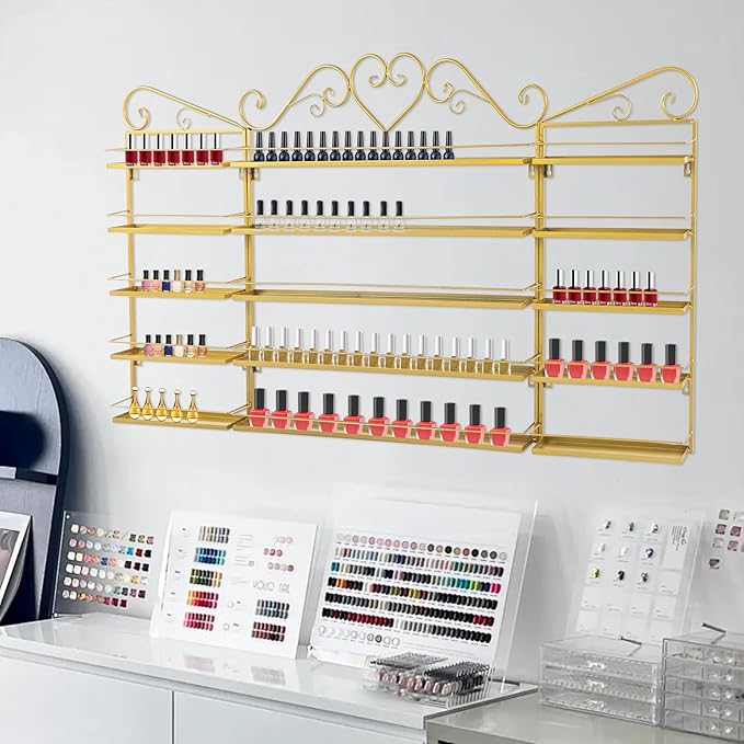 Nail Polish Organizer Wall Mounted, 3Pcs 5-Tier Nail Polish Storage Rack, Metal Nail Polish Storage Holder, Multifunctional Organizer for Essential Oil Perfume at Home Salon Spa(Gold)