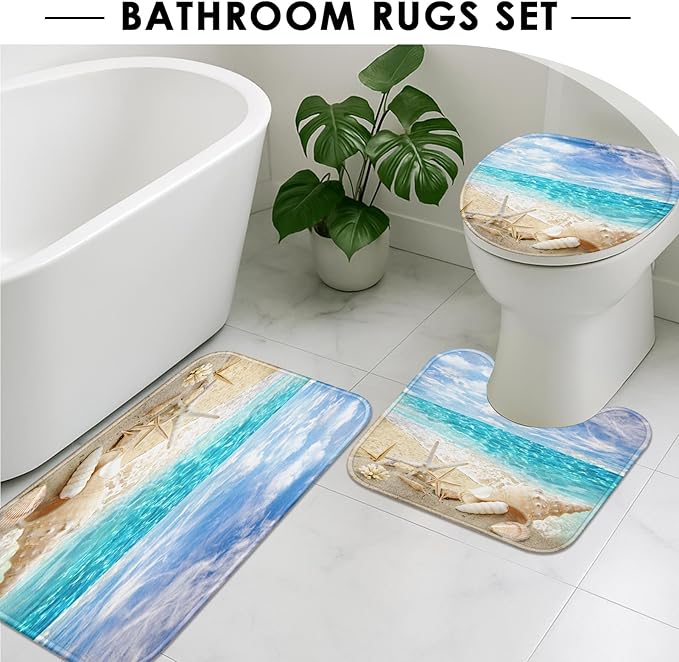Britimes 4 Piece Shower Curtain Sets, with 12 Hooks, Ocean Starfish Seashells with Non-Slip Rugs, Toilet Lid Cover and Bath Mat for Bathroom Decor Set, 72" x 72"