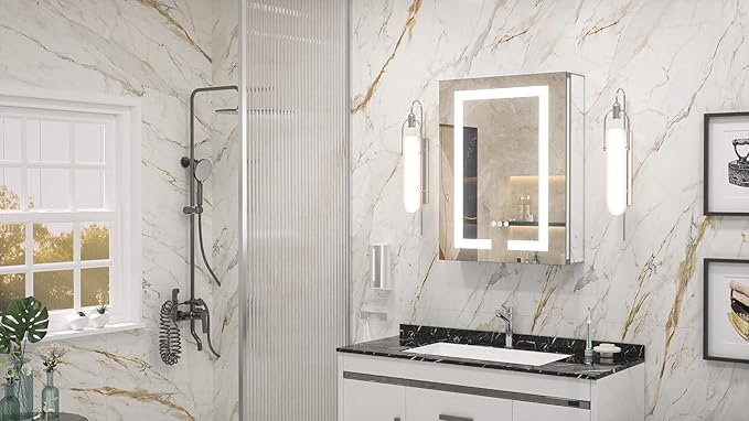 Keonjinn 20 x 26 Inch Lighted Medicine Cabinet with Mirror Surface Mount or Recessed, 3 Color Dimmable Frontlit Medicine Cabinet with Lights, Tempered Glass UL Listed LED 2-Side Mirror with Storage